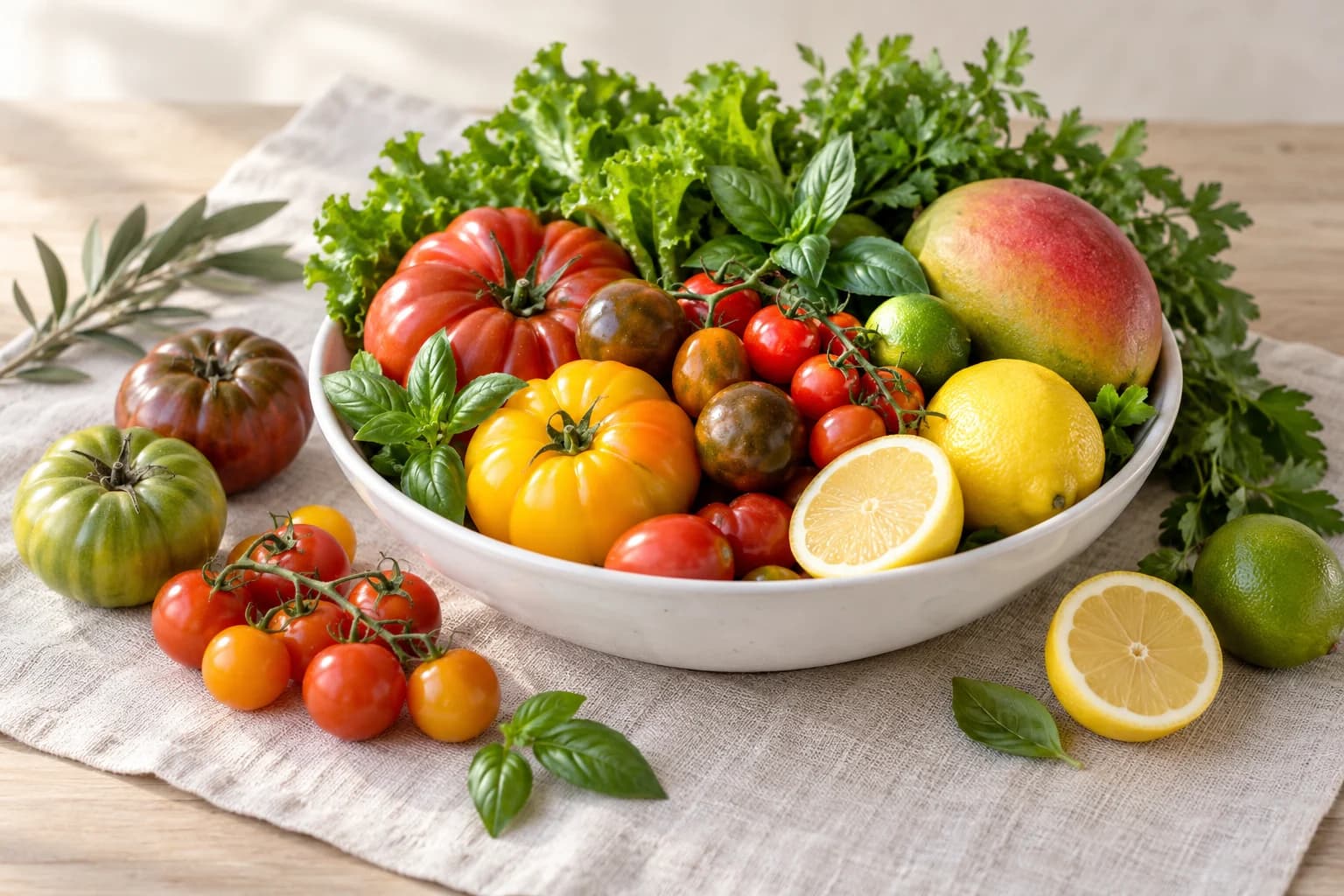 Editorial illustration of fresh produce and herbs for provisioning