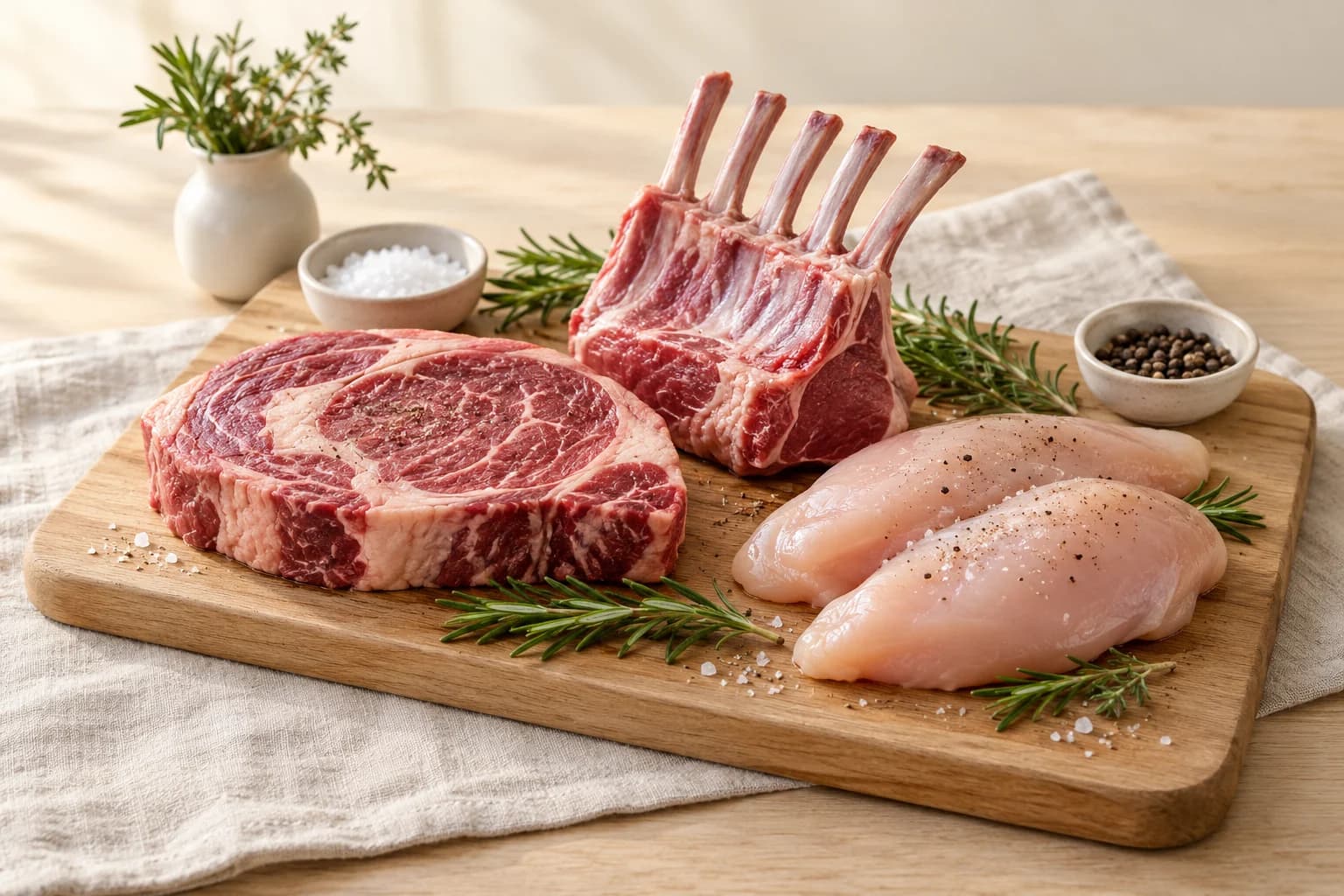 Editorial illustration of meat cuts arranged for yacht provisioning