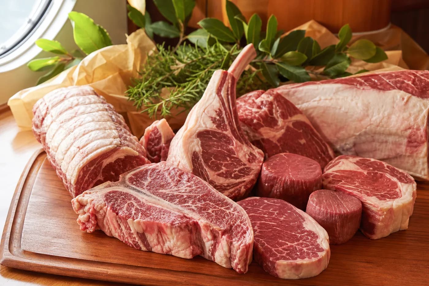 Editorial illustration of meat cuts arranged for yacht provisioning