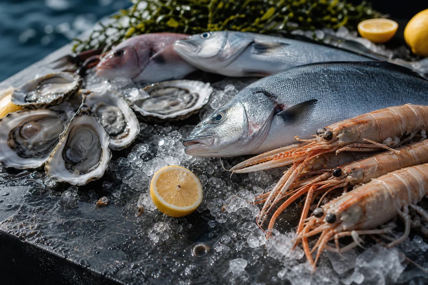 Editorial illustration of seafood arranged on ice for provisioning