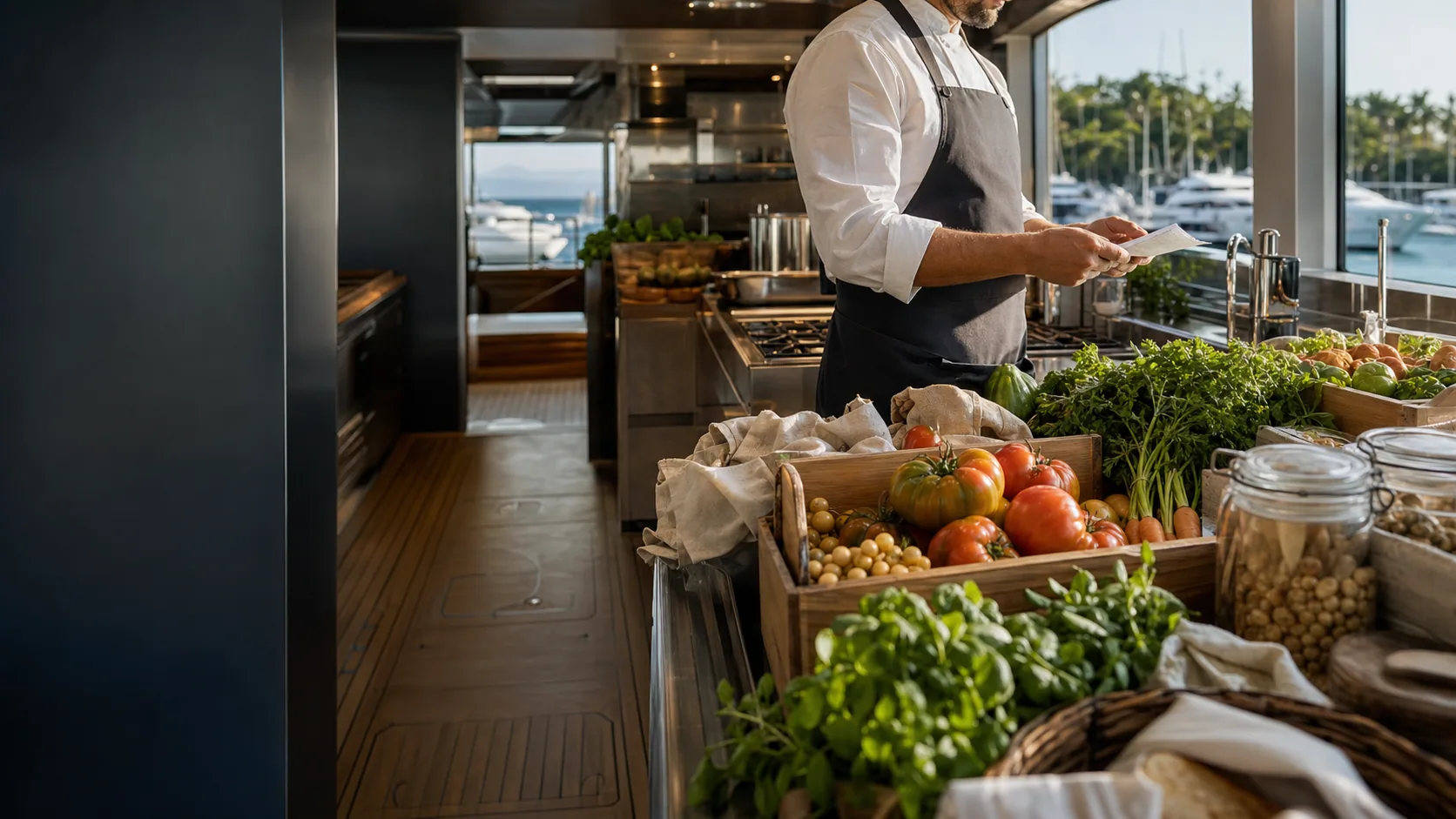 A yacht-galley worker reviewing a provisioning list beside fresh produce