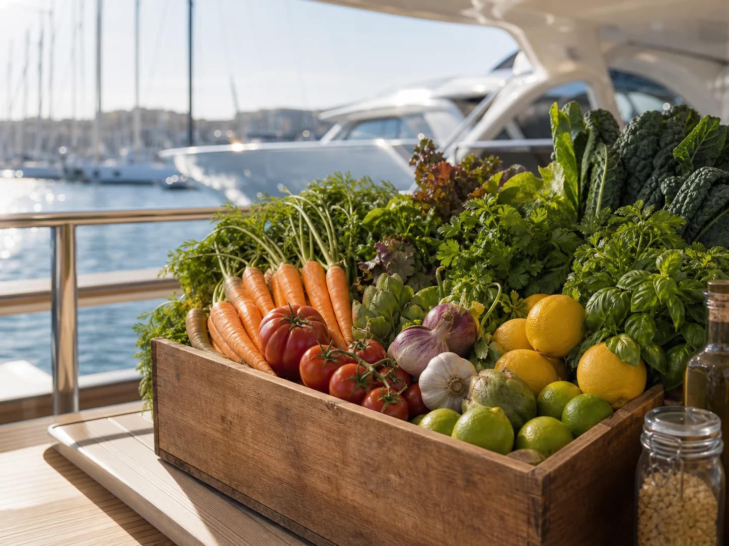 A wooden crate of fresh provisions prepared beside a marina