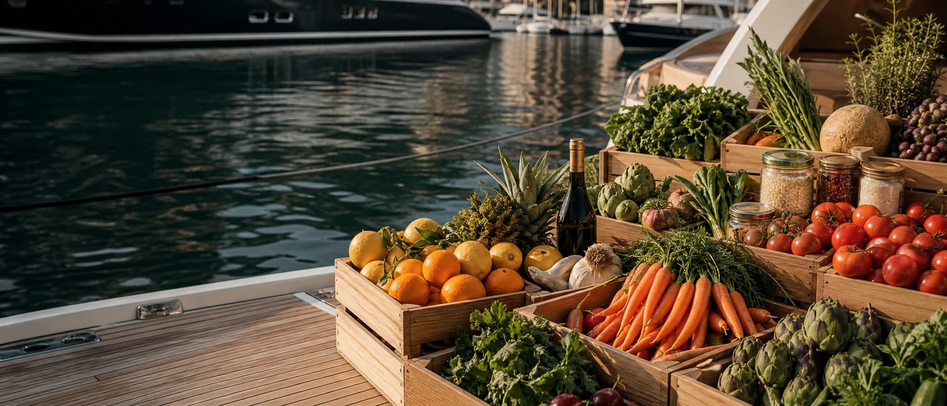 Fresh yacht provisions prepared beside a marina