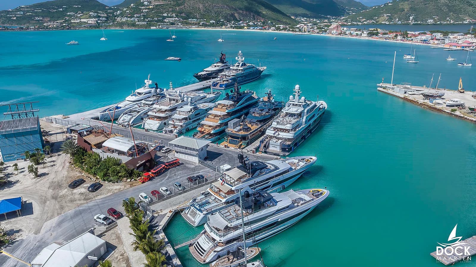 Aerial view of superyachts moored at Dock Maarten in Great Bay