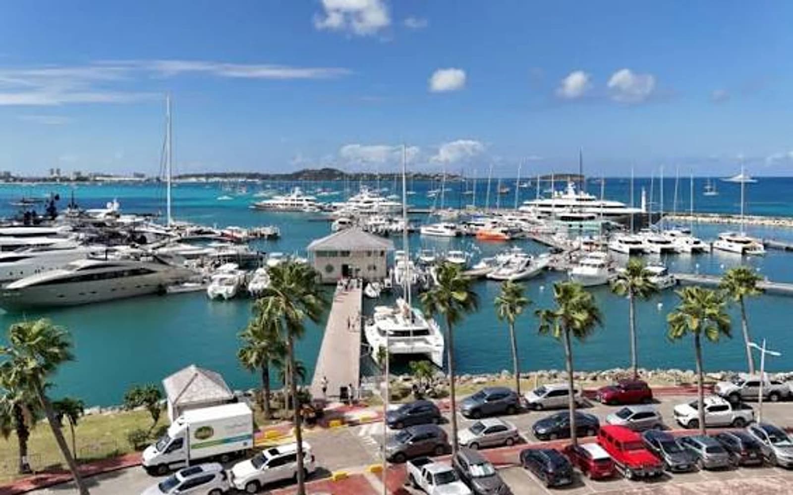 Aerial view of yachts moored at Marina Fort Louis in Marigot