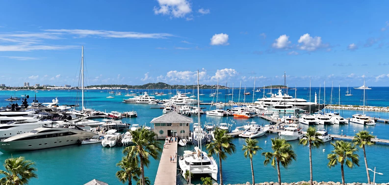 Aerial view of yachts moored at Marina Fort Louis in Marigot