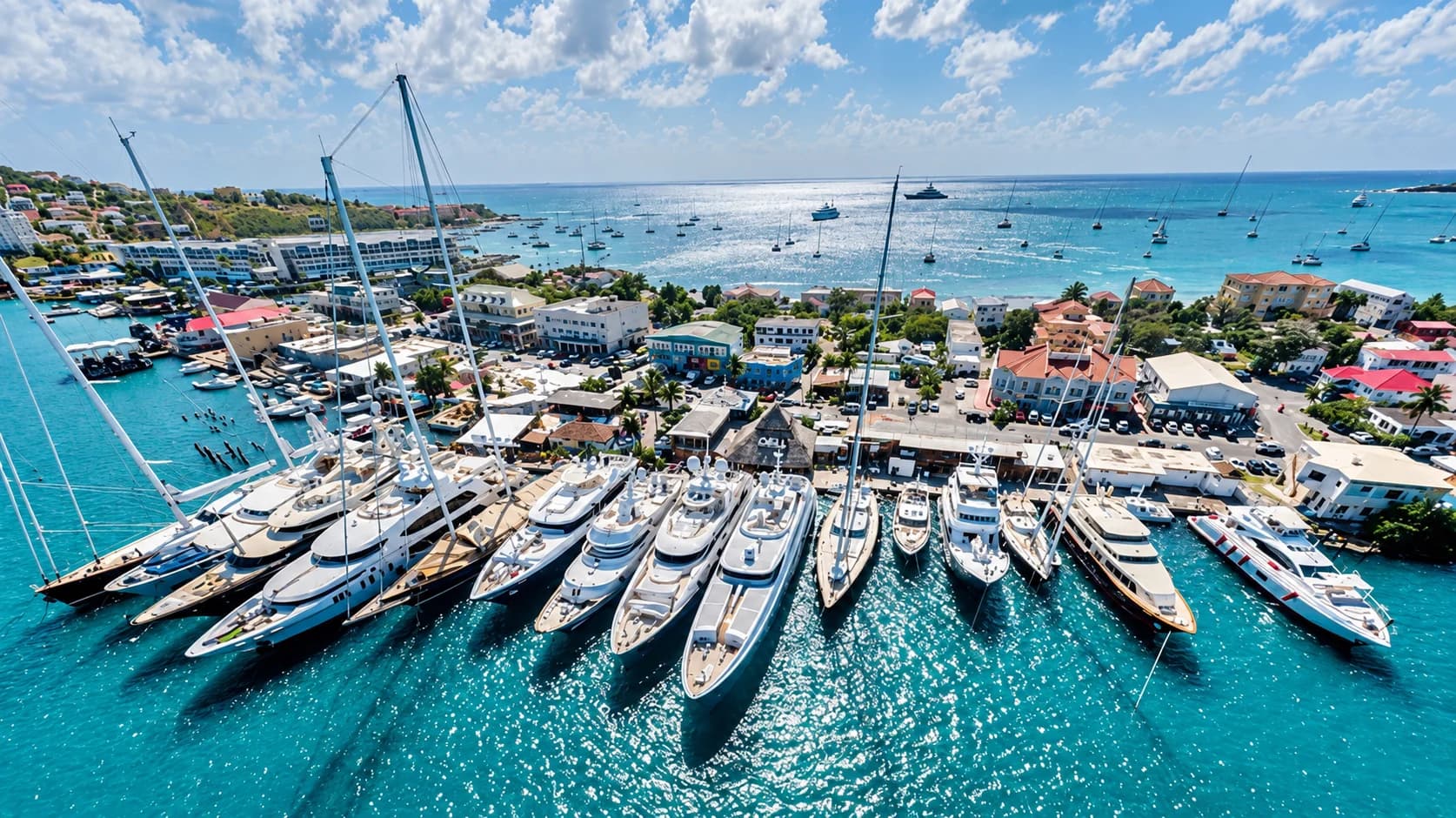 Aerial view of superyachts moored at Palapa Marina in Simpson Bay