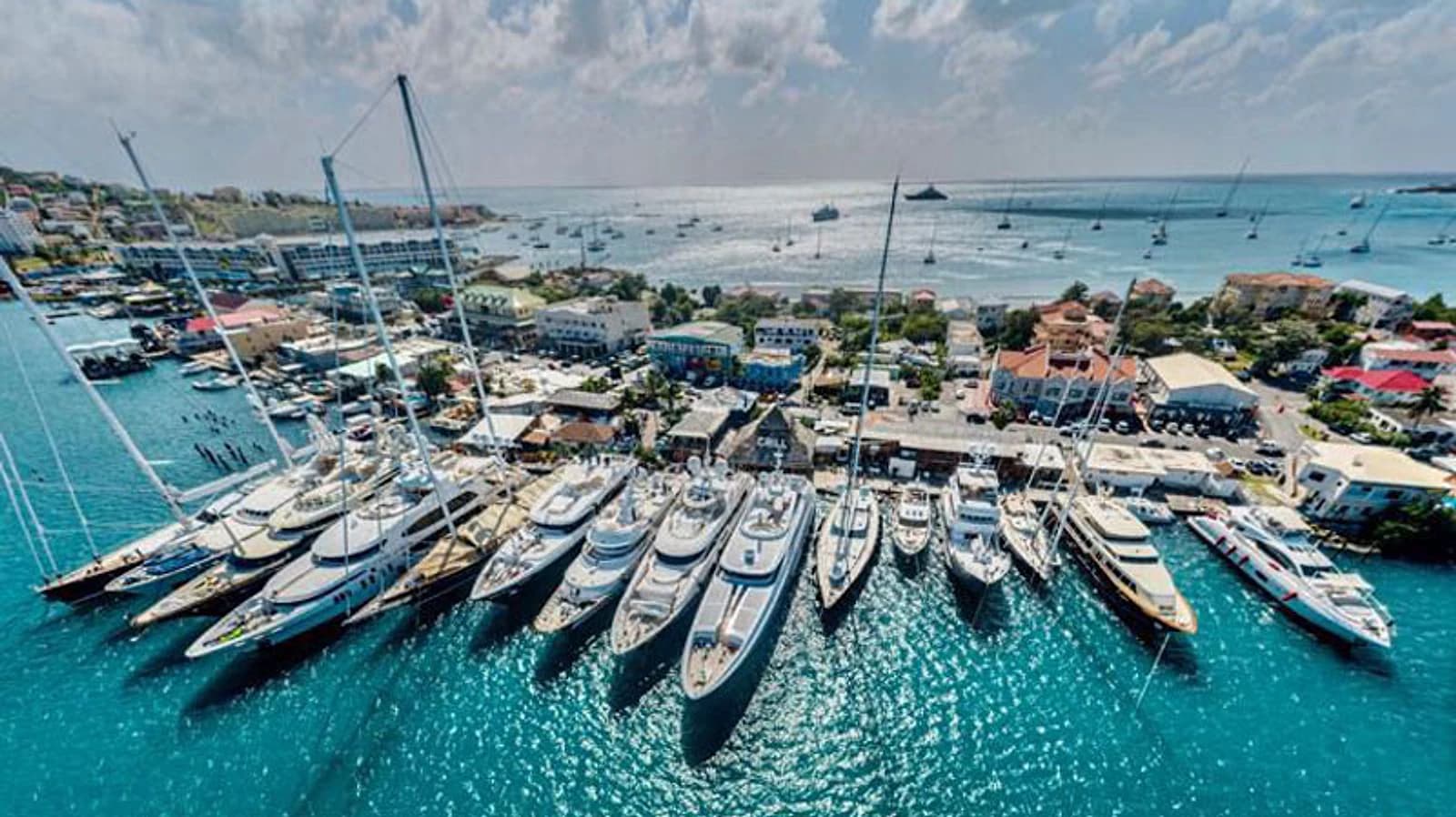 Aerial view of superyachts moored at Palapa Marina in Simpson Bay