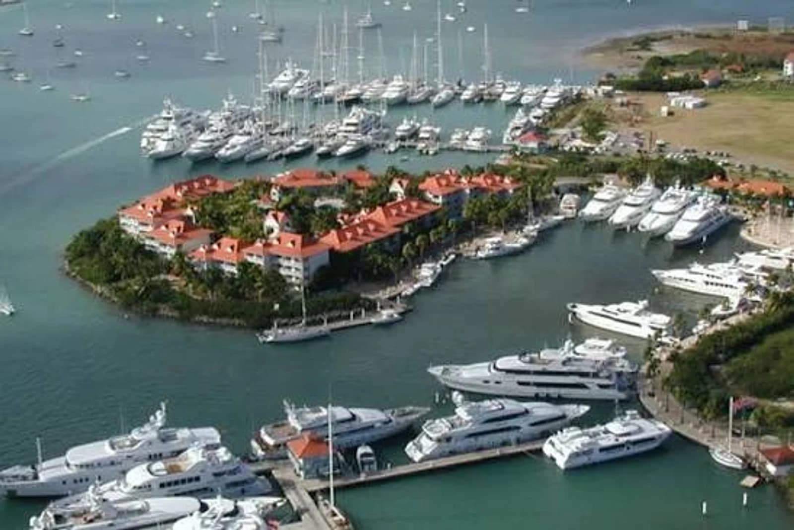 Aerial view of yachts moored at Port de Plaisance in Cole Bay