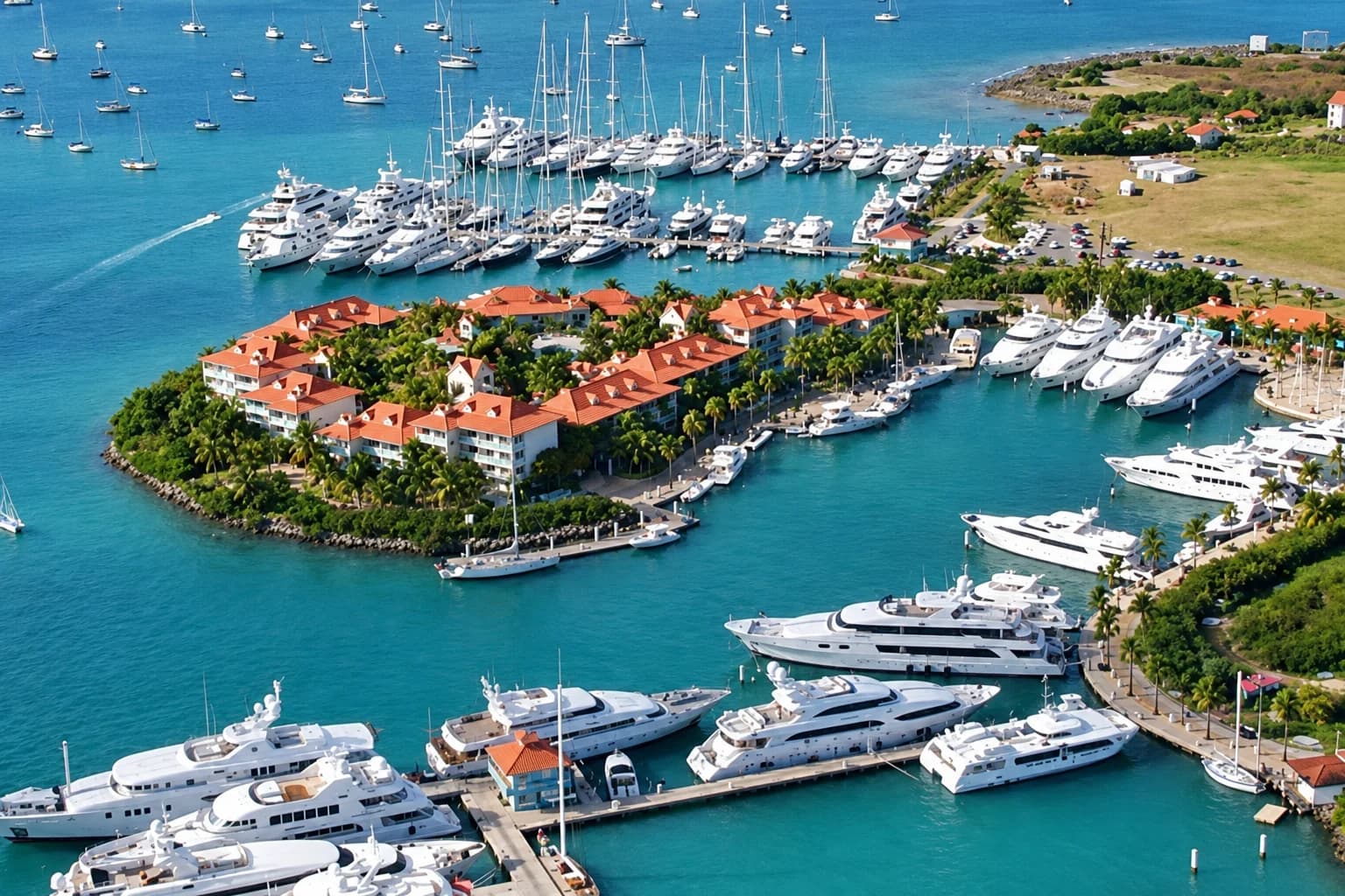 Aerial view of yachts moored at Port de Plaisance in Cole Bay