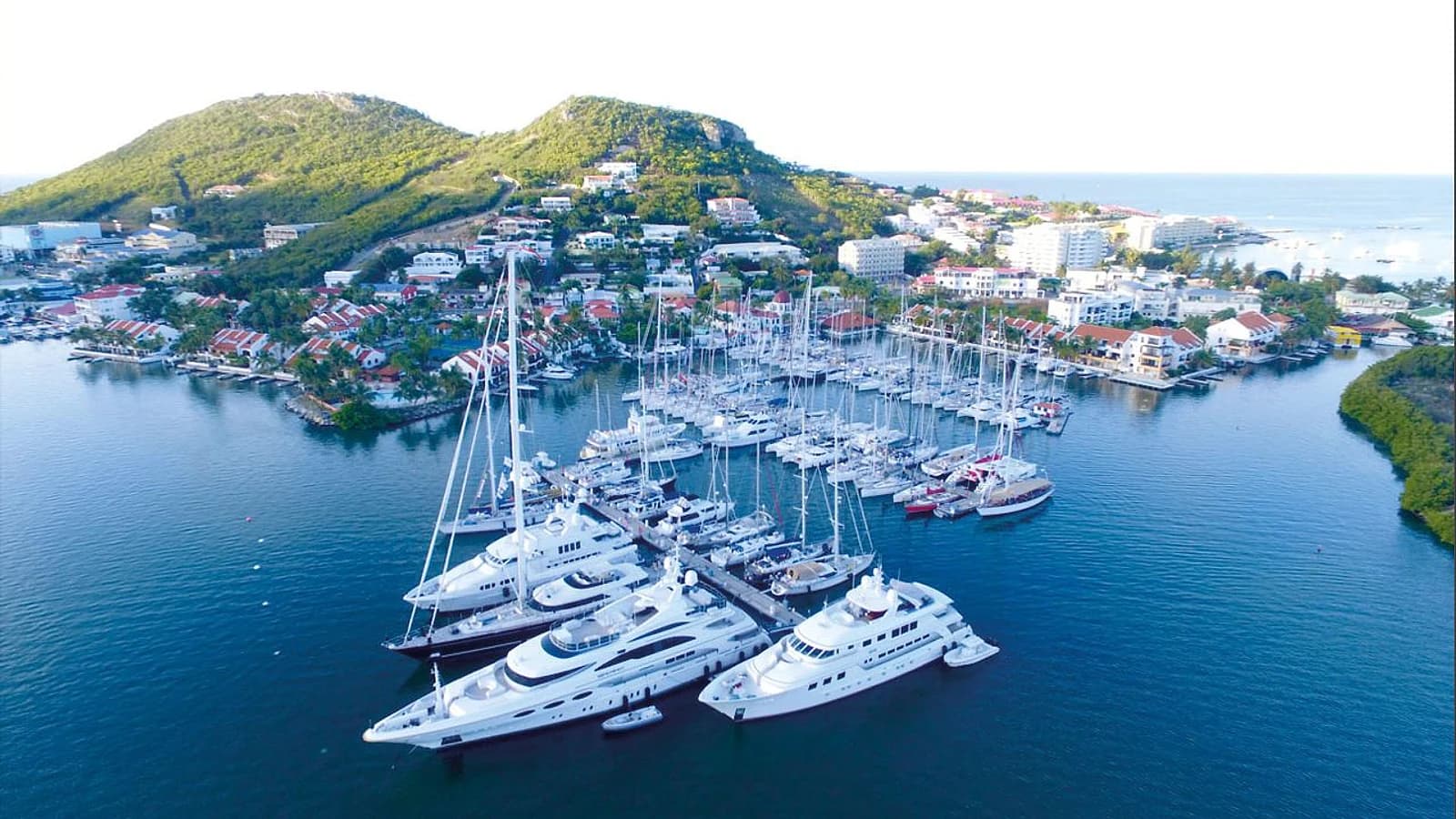 Aerial view of yachts moored at Simpson Bay Marina in Sint Maarten