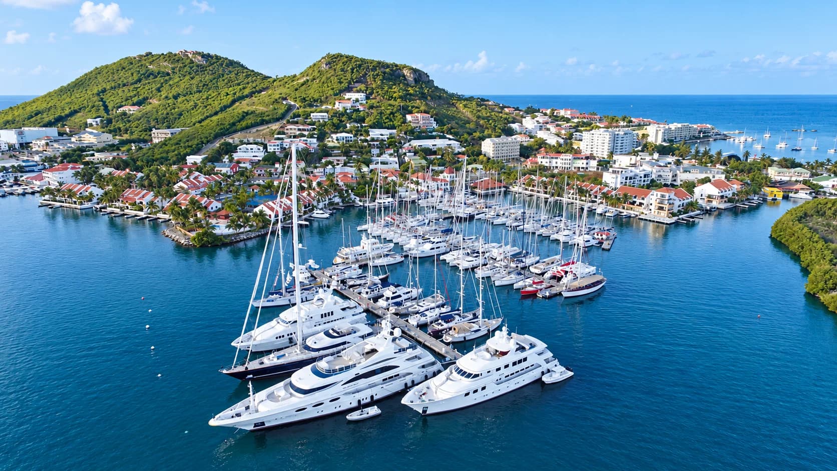 Aerial view of yachts moored at Simpson Bay Marina in Sint Maarten