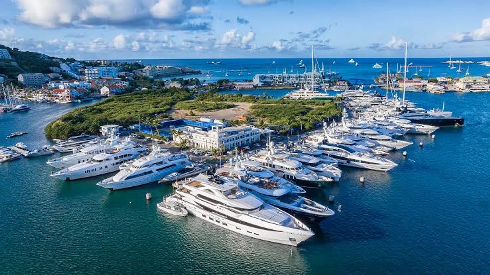 Aerial view of superyachts moored at Yacht Club Isle de Sol in Simpson Bay Lagoon