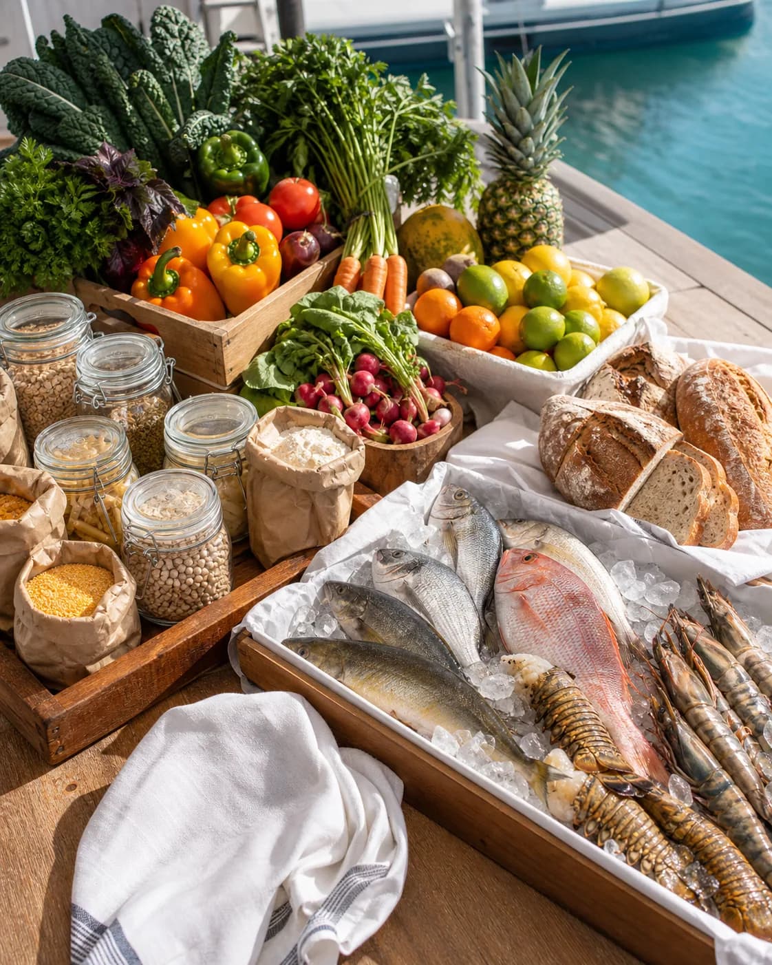 Editorial illustration of fresh produce and yacht provisions arranged for sourcing